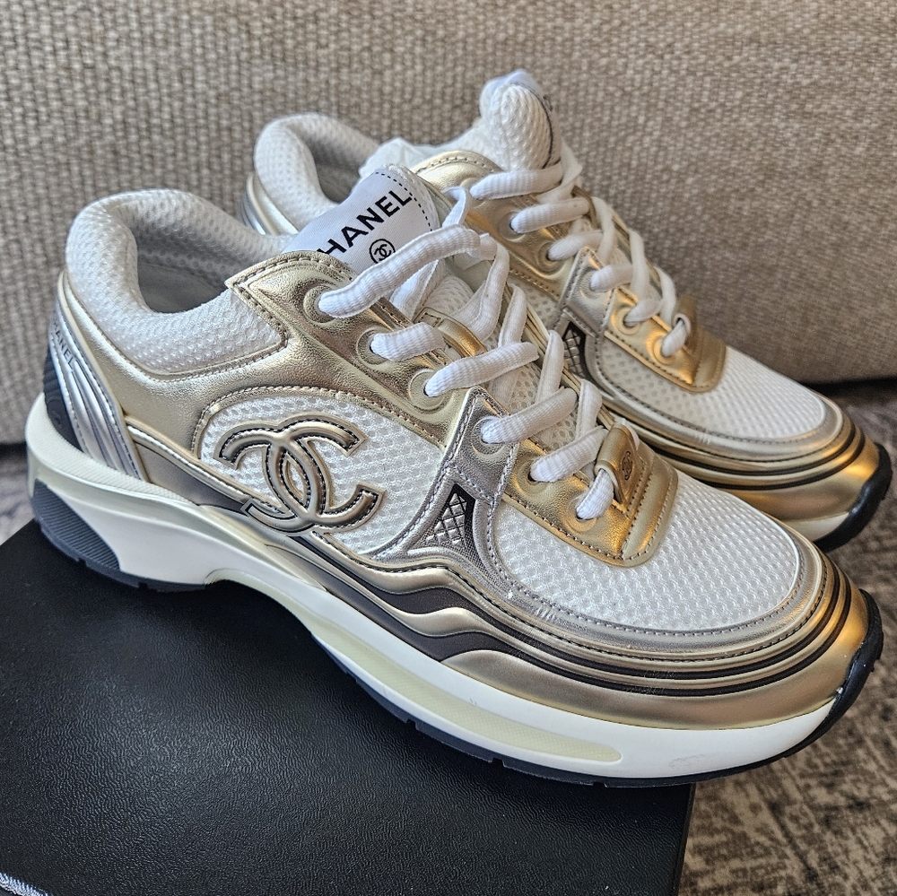 Chanel Women's White and Gold Sneakers